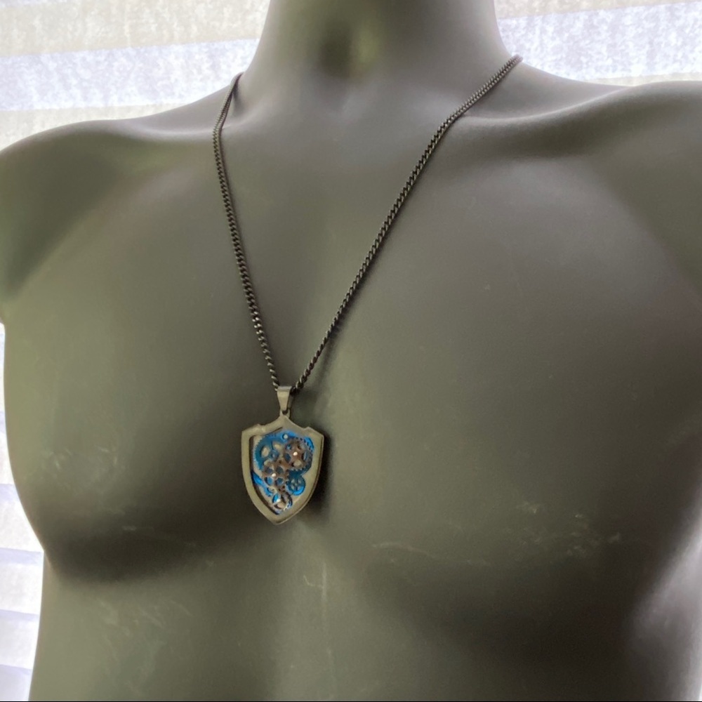 Stainless Steel Shield Gears Black & Blue Men's Necklace